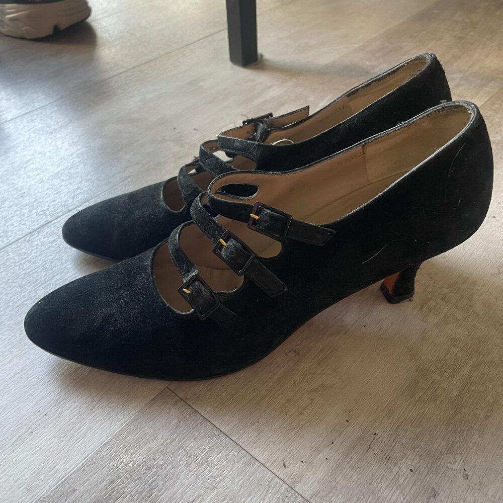 Salvatore Ferragamo Black Suede Mary Jane Buckle Heels